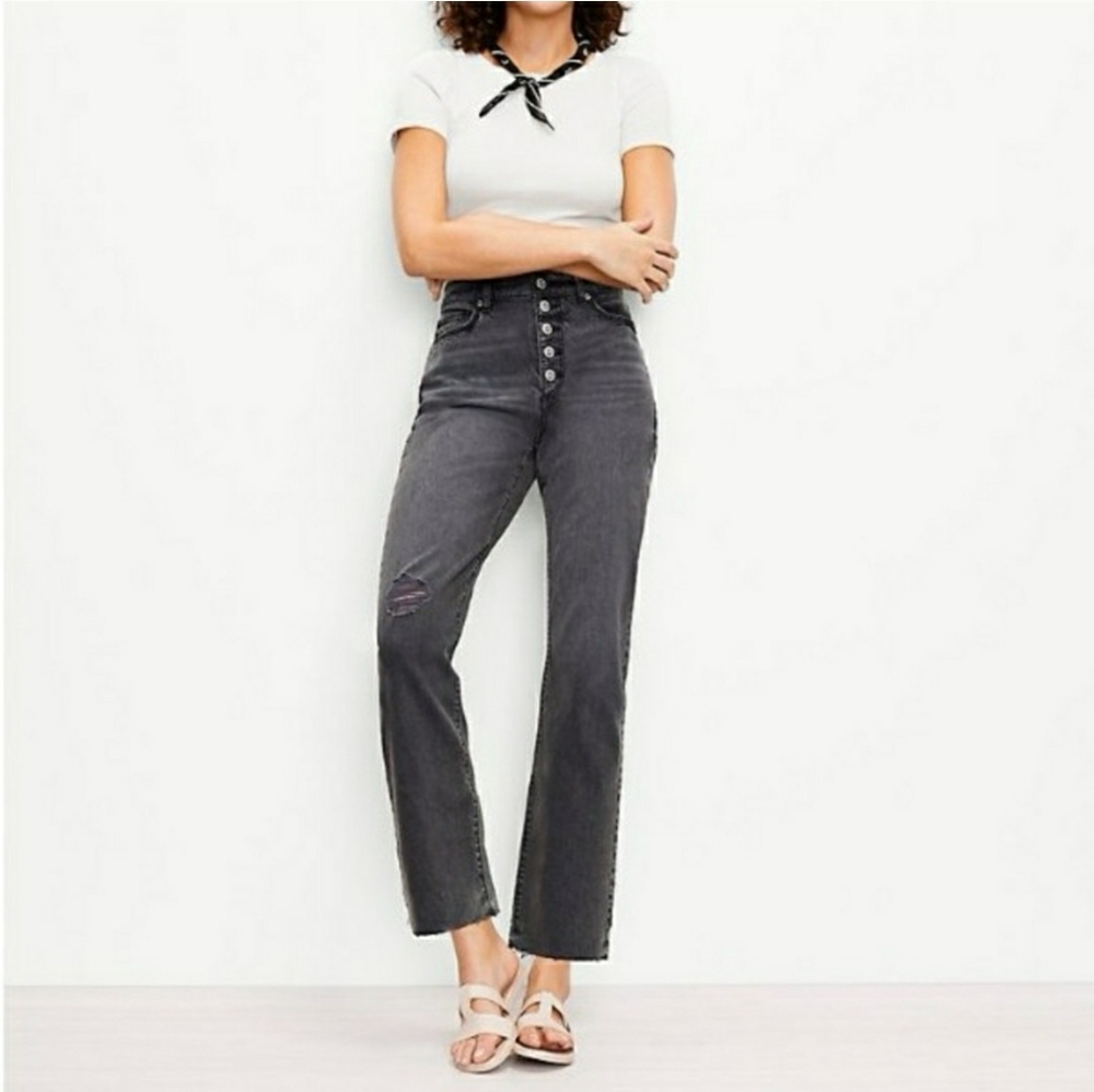 LOFT High Rise Straight Crop Jeans Black Distressed Knee Button Fly Size 18